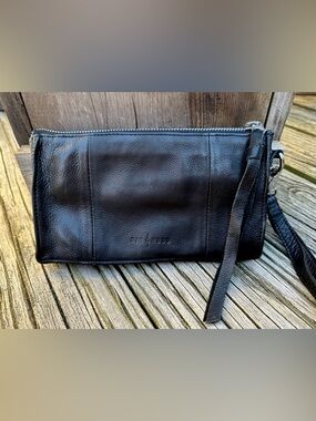 Day + Mood Black Genuine Leather Wristlet Clutch Silver Hardware Compact Pouch